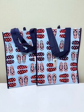Set of 2 Patriotic Flip Flop Print Tote Bags - Light Blue, Red & Navy, 17” x 13”